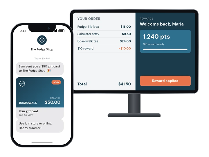 A digital gift card received by text, and the counter display applying a loyalty reward