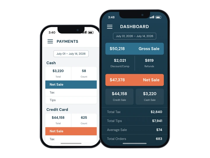 Owner app showing a sales dashboard and a payment report on two phones